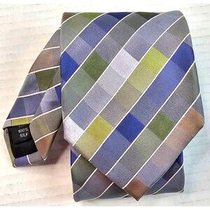 Kenneth Cole Reaction Mens Striped Tie 100% Silk Green Blue Gray Pattern